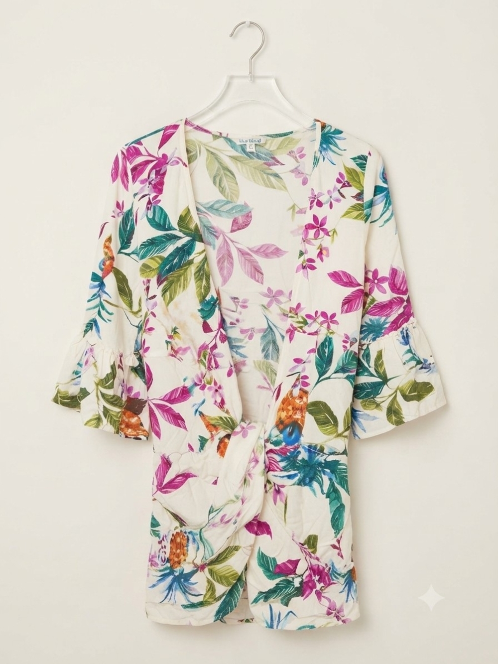 blue island White Floral Twist-Front Kimono Tunic with Pink and Teal Leaves